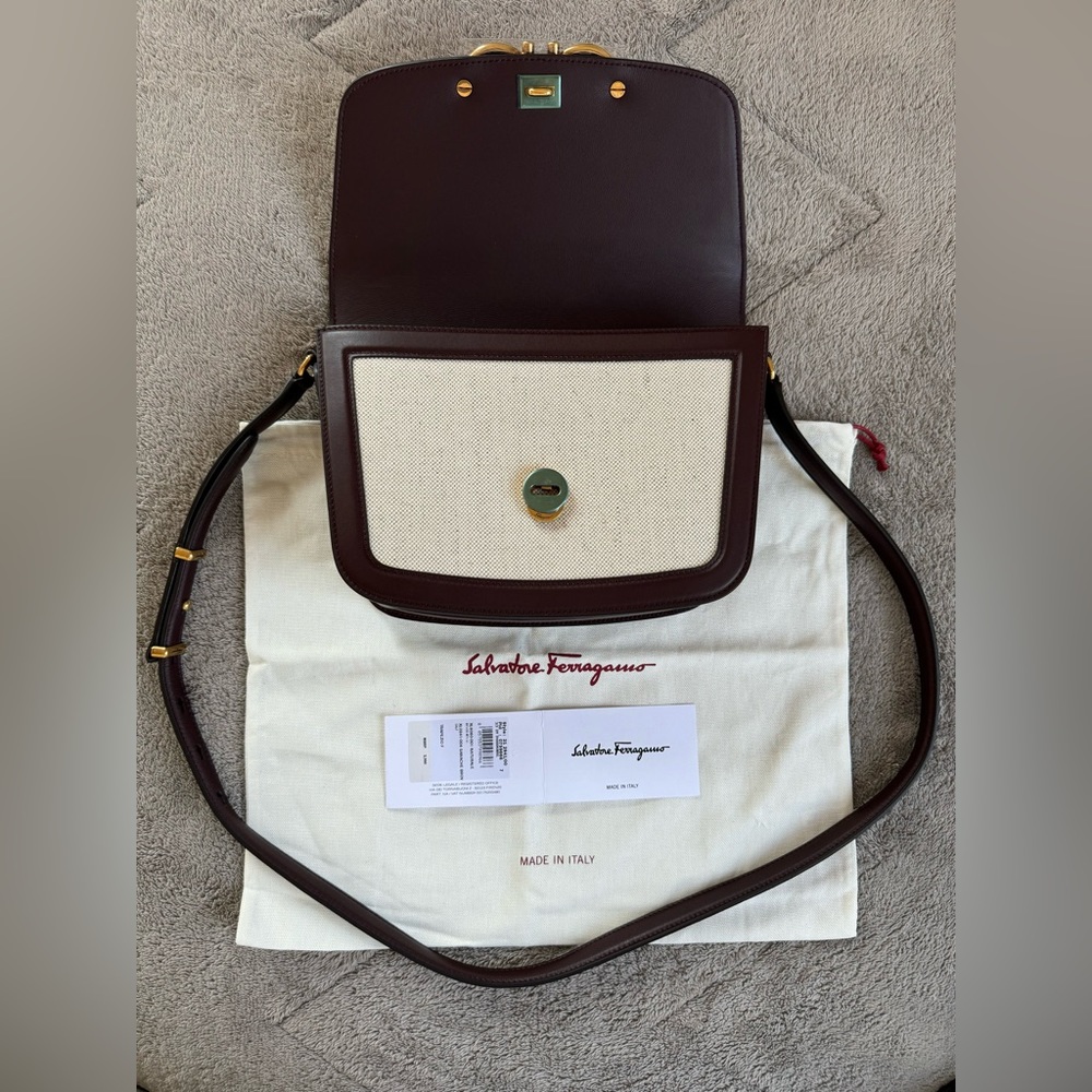 NEW🔥FERRAGAMO Trapezio Canvas & Leather Crossbody Bag🔥 - Picture 14 of 16
